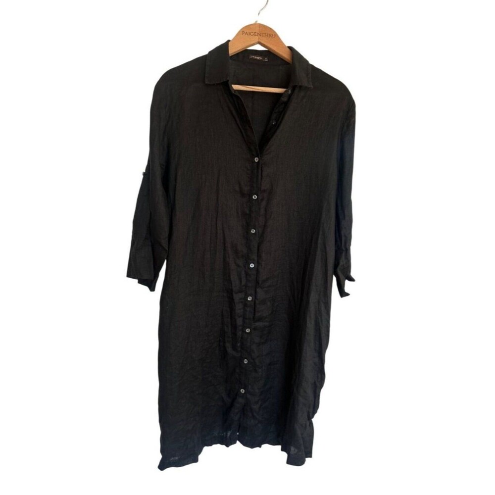 J Mclaughlin Women's M Black Long Sleeve Linen Shirt Dress Minimalist Coastal